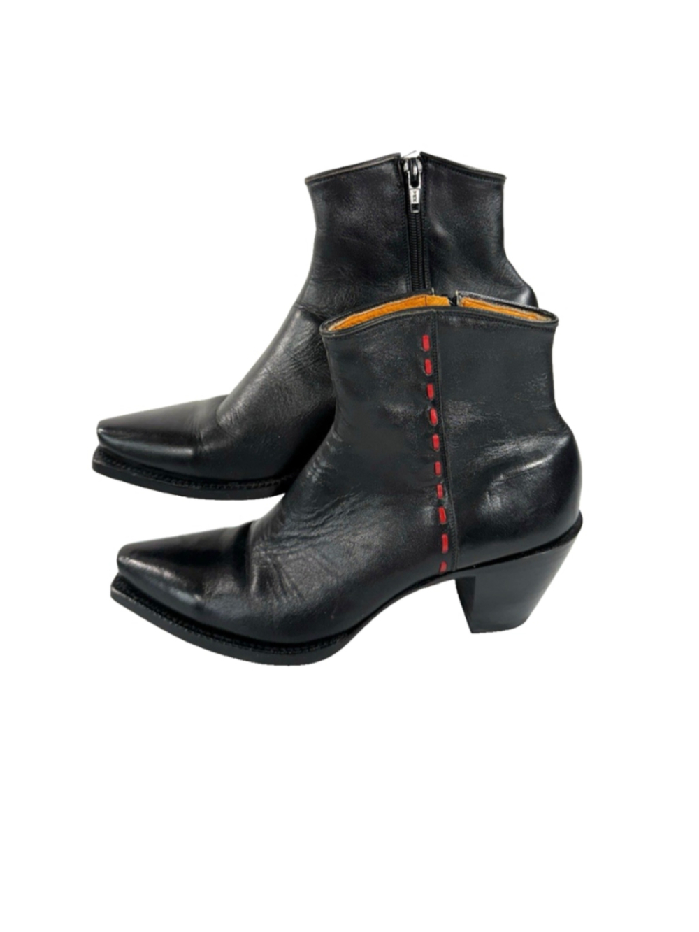 Caborca Boots western black Leather Ankle Boots M red accent stitch snip toe